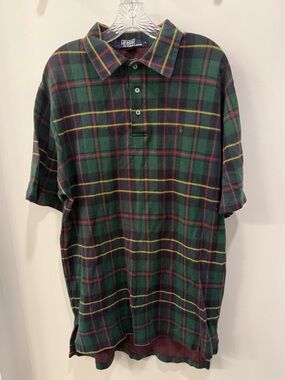 VTG 90s Ralph Lauren Tartan Plaid Polo Men's L RARE GREEN PONY Preppy Long Tall